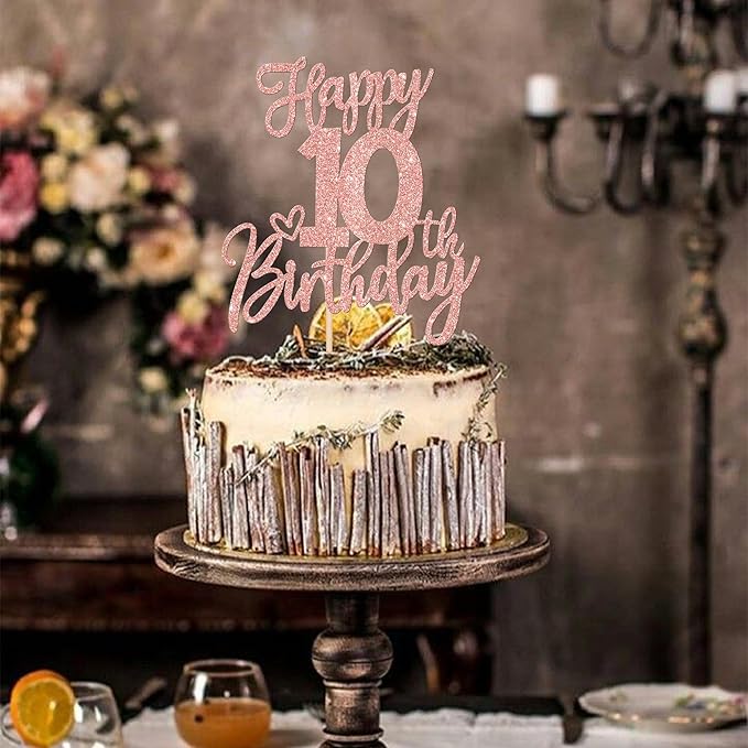 1 PCS Happy 10th Birthday Cake Topper Glitter Cheers to 10 Years Birthday Cake Pick Ten 10 Fabulous Cake Decoration for Happy 10th Birthday Anniversary Theme Party Decorations Supplies Rose Gold