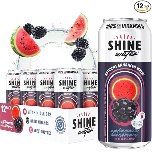 ShineWater Vitamin D Hydration Electrolyte Drink - Flavored Water with Electrolytes, Sugar-Free, Magnesium, Zinc, Vitamin B12, Plant-Based, Low Calorie - Watermelon BlackBerry Fruit Water 12 Pack