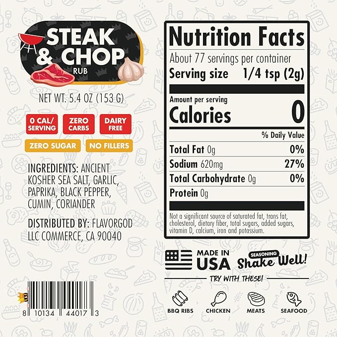 Steak & Chop Rub Seasoning Mix by Flavor God - Premium All Natural & Healthy Spice Blend for Beef, Pork & Vegetables - Kosher, Zero Carbs, Gluten-Free, Vegan & Keto Friendly - Great Flavor Spices and Seasoning Gift