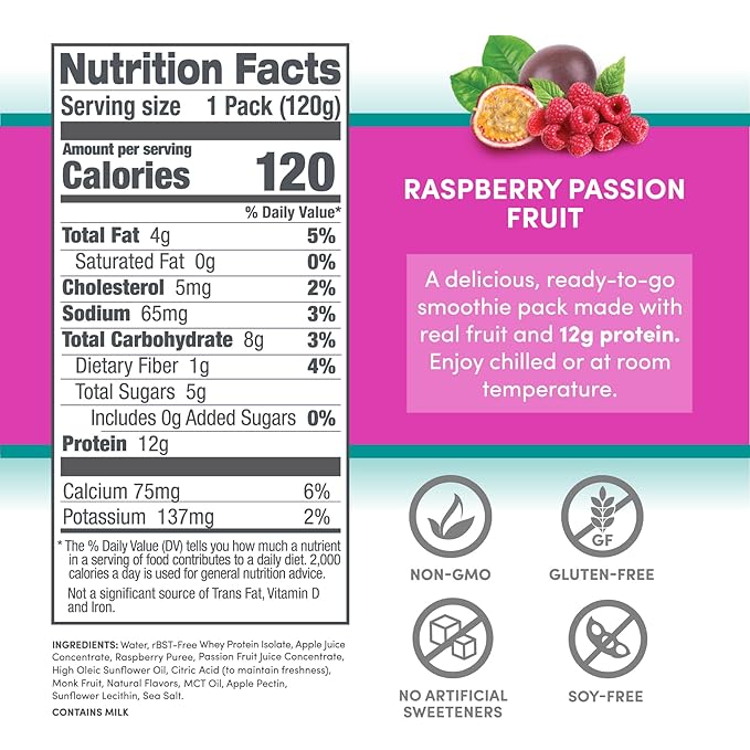 Designer Wellness Protein Smoothie, Real Fruit, 12g Protein, Low Carb, Zero Added Sugar, Gluten-Free, Non-GMO, No Artificial Colors or Flavors, Raspberry Passion Fruit, 24 Count
