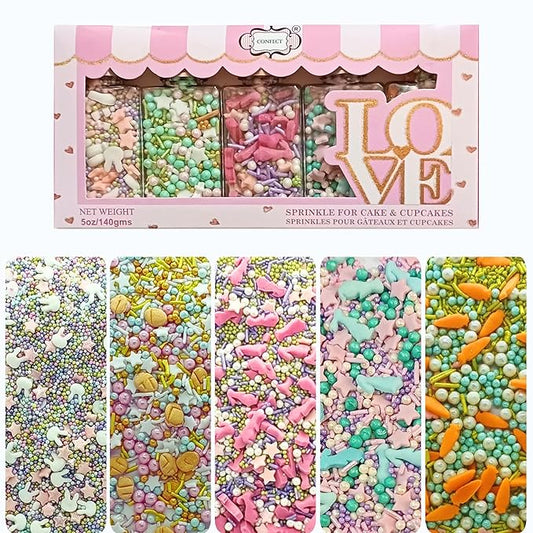Confect Spring Sprinkle Mix ??5-Pack Bunny-Themed Edible Sprinkles | Pink, White & Blue with Stars, Pearls & Vermicelli | Perfect for Cakes, Cupcakes, Cookies & Baking | Vegan, Gluten-Free, Nut-Free, Soy-Free, Dairy-Free, Palm Oil-Free- 5 Oz