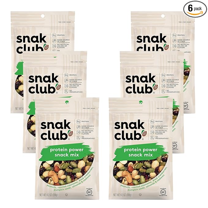 Snak Club Protein Power Snack Mix with Peanuts, Roasted Edamame, Dried Cranberries, Pumpkin Seeds, Almonds, and Cashews, Gluten-Free and Kosher Trail Mix Snacks, 4.2 oz Resealable Bags, 6 Pack