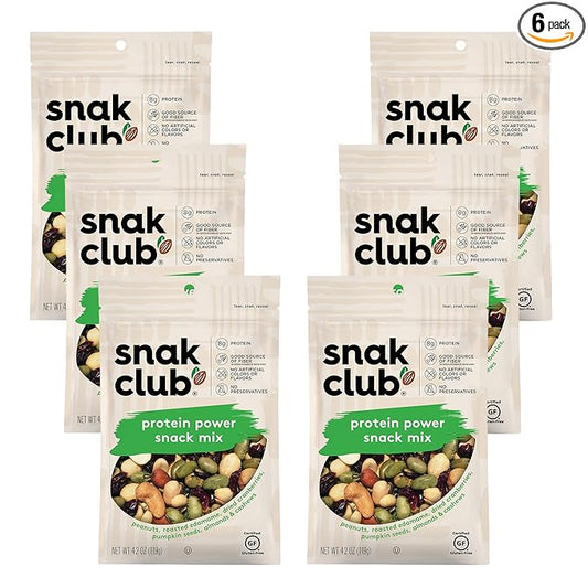 Snak Club Protein Power Snack Mix with Peanuts, Roasted Edamame, Dried Cranberries, Pumpkin Seeds, Almonds, and Cashews, Gluten-Free and Kosher Trail Mix Snacks, 4.2 oz Resealable Bags, 6 Pack