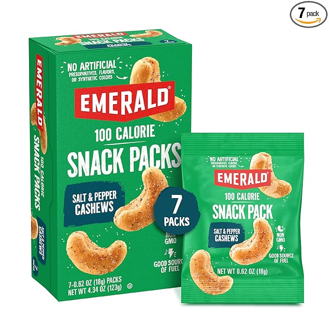 Emerald Nuts Salt and Pepper Seasoned Cashews 7ct (1-Pack), 100-Calorie Individual Packs, Kosher Certified, Non-GMO, Contains No Artificial Preservatives, Flavors or Synthetic Colors