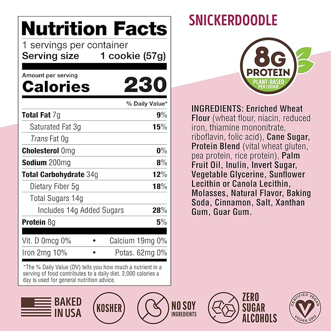 Lenny & Larry's The Complete Cookie, Snickerdoodle, Soft Baked, 8g Plant Protein, Vegan, Non-GMO, 2 Ounce Cookie (Pack of 12)