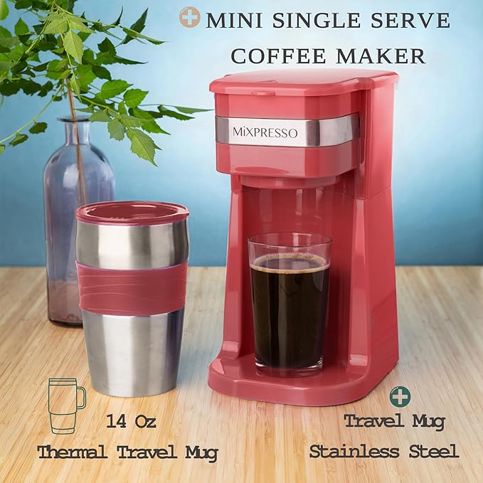Mixpresso Red Personal Single Serve Coffee Maker with 14oz Travel Mug, Drip Small Coffee Maker with Auto Shut Off, Reusable Filter, Works with Ground Coffee Only ??Not for K-Cup Pods