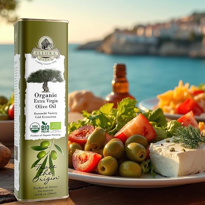 Ellora Farms, Organic Extra Virgin Olive Oil, Cold Press, Traceable Single Origin, Kosher, High Polyphenols, 17 oz. tin, Pack of 2