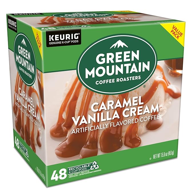 Green Mountain Coffee Roasters Caramel Vanilla Cream, Single-Serve Keurig K-Cup Pods, Flavored Light Roast Coffee Pods, 48 Count