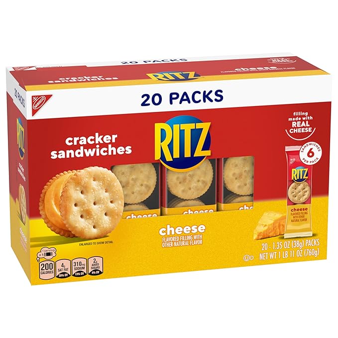RITZ Cheese Sandwich Crackers, Lunch Snacks, 20 Snack Packs (6 Crackers Per Pack)