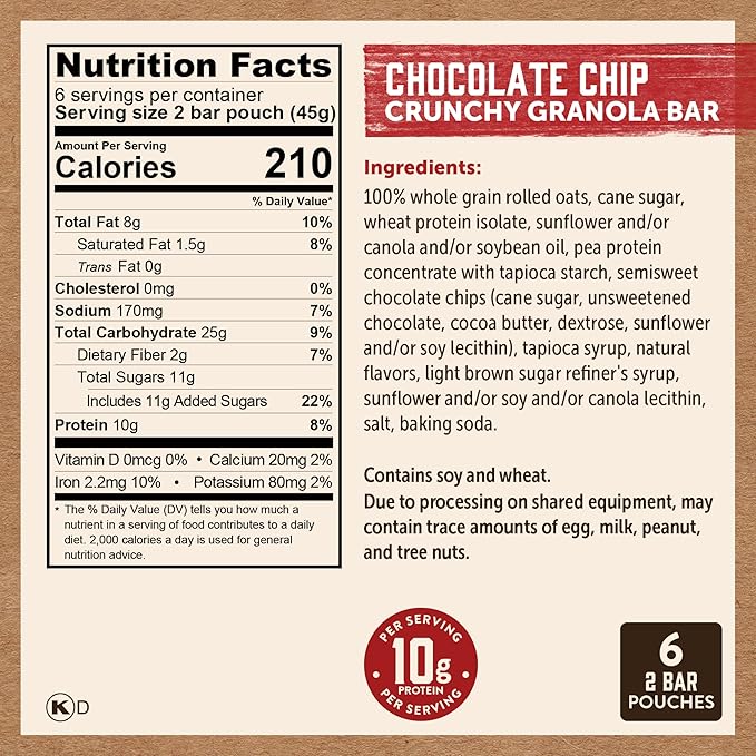 Kodiak Cakes Protein Crunchy Granola Bar, Chocolate Chip, (Pack of 12 Boxes)