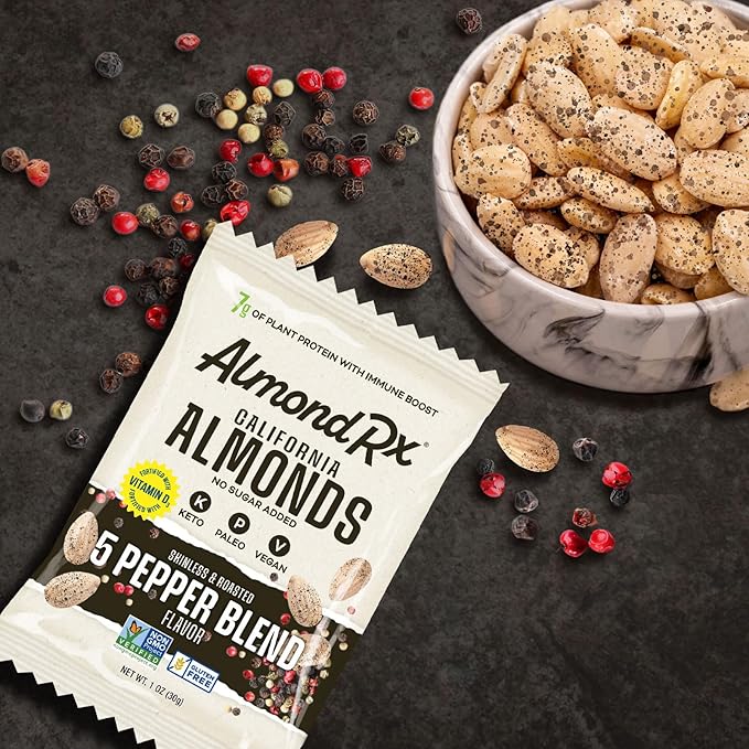 AlmondRx | Heart Healthy Skinless Lightly Salted California Almond Snack Packs | Fortified with Vitamin D | Plant Protein | Keto | Vegan | No Sugar Added (48 Pack, 5 Pepper Blend)