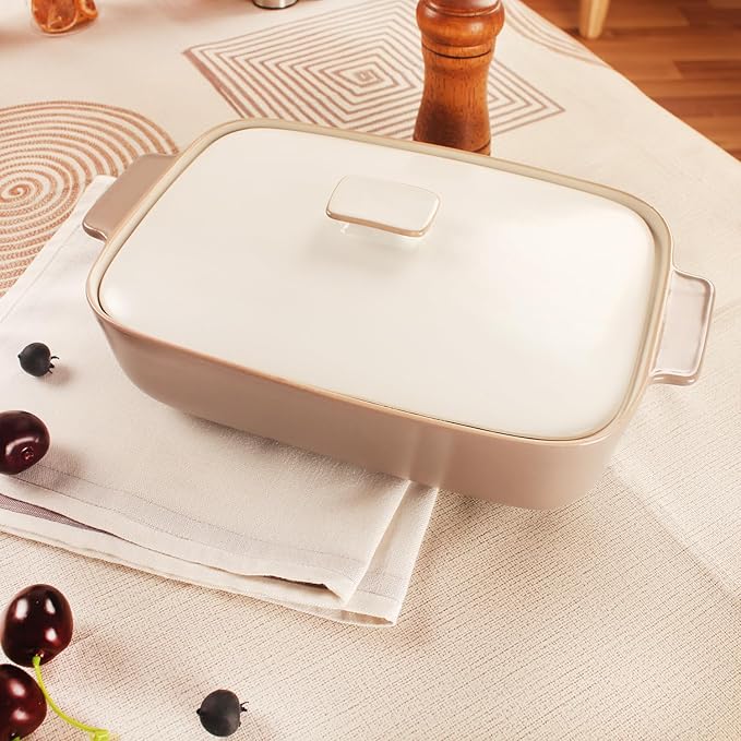 10" x 7" Casserole Dish 1.7 Quart Ceramic Bakeware Set with Lids, Chip and Crack Resistant Ceramic Casserole Dish with Handle 11.6 In, Microwave, Dishwasher, Oven, Freezer and Fridge Safe