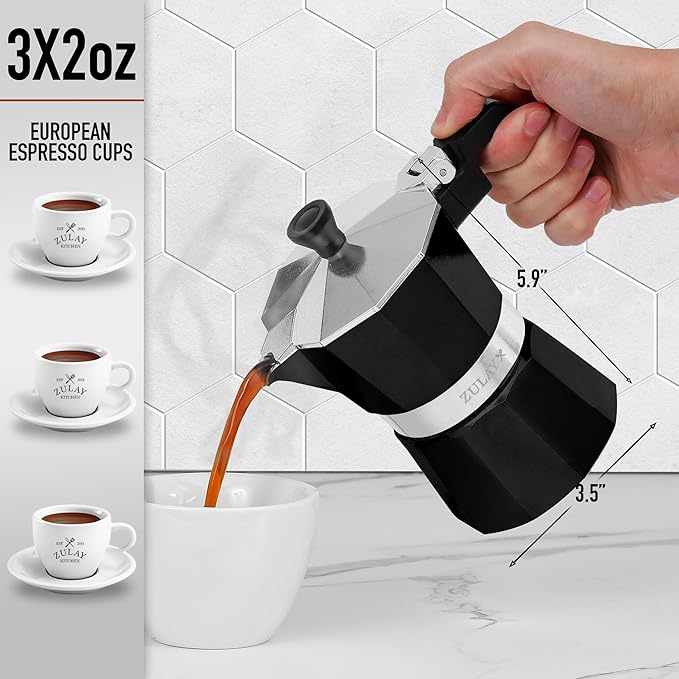 Zulay Moka Pot Espresso Stovetop Coffee Maker - Leak-Proof, Stainless Steel, Easy to Clean, Heat Resistant Handle & Knob - for Authentic Cuban & Italian Style Espresso - Makes 3 Espresso Cups - Black