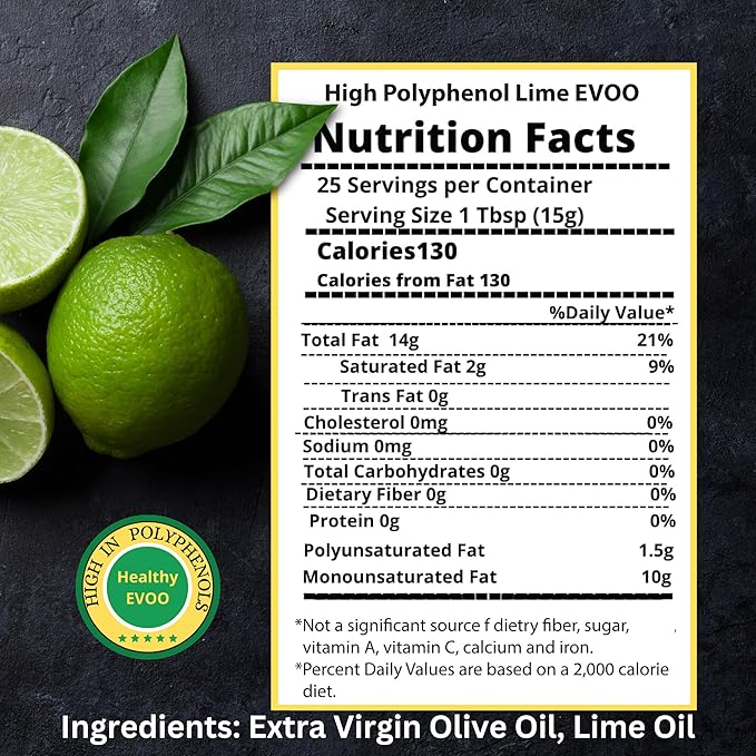 M.G. PAPPAS High Polyphenol Rich Lime Infused Olive Oil Extra Virgin - Over 500mg/kg - Unfiltered Cold Pressed Greek EVOO - Award Winning - Cooking Lime Oil ??12.7 Oz 375ml