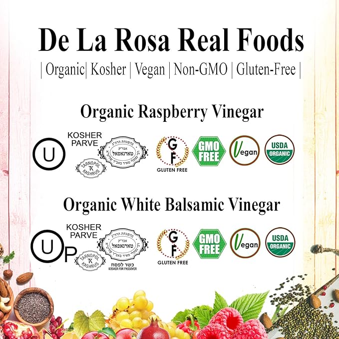 De la Rosa Organic Raspberry & White Balsamic Vinegar, Vegan, Kosher, Non-GMO & Gluten Free, Great for Salad Dressings, Marinades & More 8.45 Oz (Pack of 2)