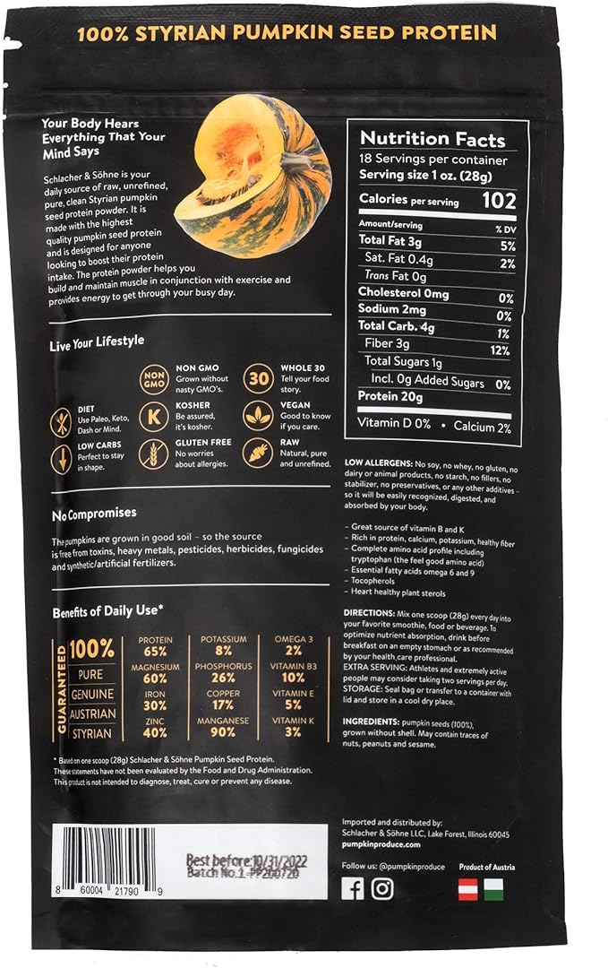 Schlacher & Söhne Styrian Pumpkin Seed Protein Powder: 100% Pure, Plant Protein, Non GMO, Gluten Free, Vegan, No Additives, Boost?™s Immune System, Improves Digestion, Made in Austria (2 Pack)