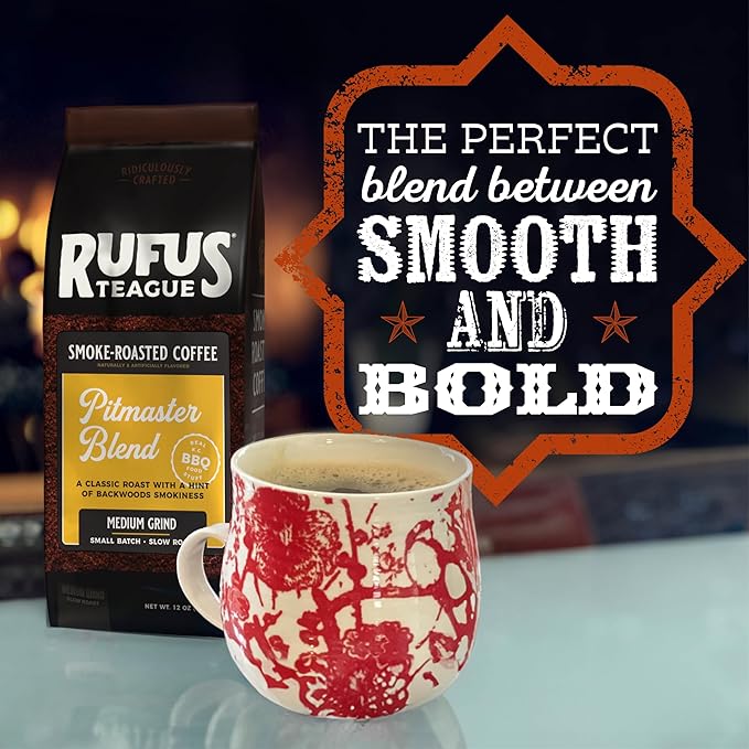 Rufus Teague Pitmaster Blend Ground Coffee, Gourmet Fresh Dark Roasted Coffee, Smoke Roasted Java, Medium Grind, 12 oz Bag