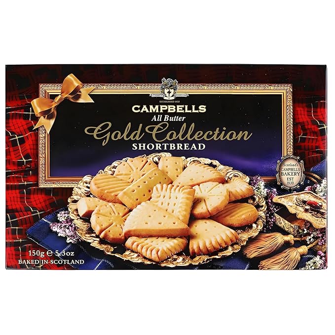 Campbells Shortbread All-Butter Gold Collection 5.29 Oz (150g) - Scottish Shortbread Cookies from Scotland, Butter Cookies Assortment Gift Box, British Tea Biscuits, Gourmet Scottish Snacks