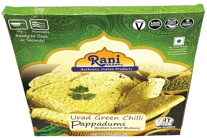 Rani Pappadums (Indian Lentil Wafer Snack) Green Chilli Papad 7oz (200g) Approximately 15pc, 7 inches, Pack of 12 ~ All Natural | Gluten Friendly | NON-GMO | Vegan | Indian Origin