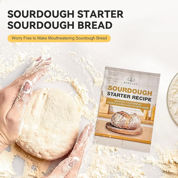 rorecay 50oz Sourdough Starter Kit with Time Keeper, High Borosilicate Glass Sourdough Starter Jar, Wide Mouth Sour Dough Crock with Lid & Spatula & Recipe for Beginners and Professional Bakers