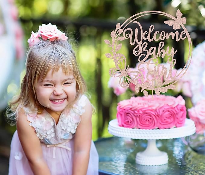Welcome Baby Girl Cake Topper - Rose Gold Glitter Baby Shower Cake Decorations, Baby Girl Cake Topper, for Baby Shower/Birthday Party/Gender Reveal Party Photo Booth Props