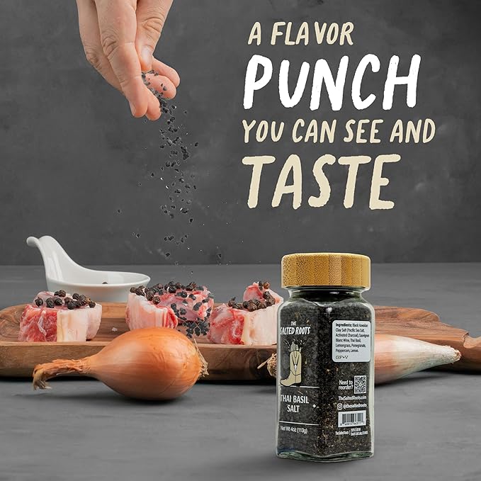 The Salted Roots - Smoked Thai Basil Salt - Infused with Thai Basil, Sauv Blanc, Lemongrass & Pomegranate - Applewood Smoked Black Hawaiian Salt - For Gourmet Cooking & Cocktails - 4oz