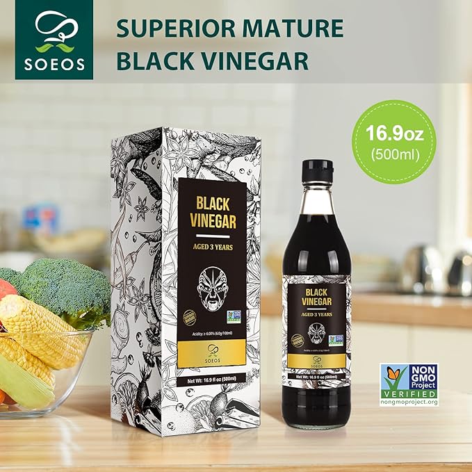 Soeos Chinkiang Vinegar 16.9 fl oz (500ml), 3 Years Aged, Naturally Fermented, Mature Aged Black Vinegar, Chinese Black Vinegar, Zhenjiang Vinegar, Black Rice Vinegar, Black Vinegar Chinese.