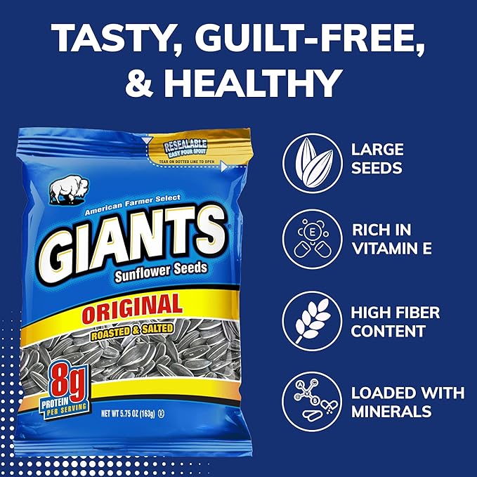GIANTS Original Sunflower Seeds - Sunflower Seeds to Eat, Sunflower Seeds Bulk, Lightly Salted Sunflower Seeds for Eating, High Protein Snack - 5.75 oz Resealable Bags (Case of 12)