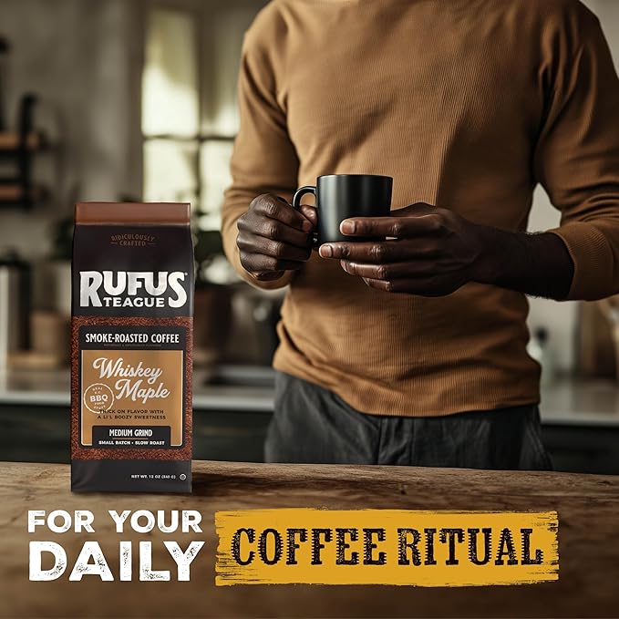 Rufus Teague Whiskey Maple Flavored Ground Coffee, Gourmet Fresh Dark Roasted Coffee, Smoke Roasted Java, Medium Grind, 12 oz Bag