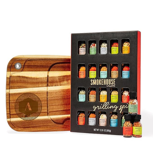 Smokehouse by Thoughtfully Gourmet Grilling Spice Set – 20 BBQ Rubs & Seasonings with Personalizable Steak Plate – Includes Chili Garlic, Italian, Cayenne & More – Gift for Grill Lovers
