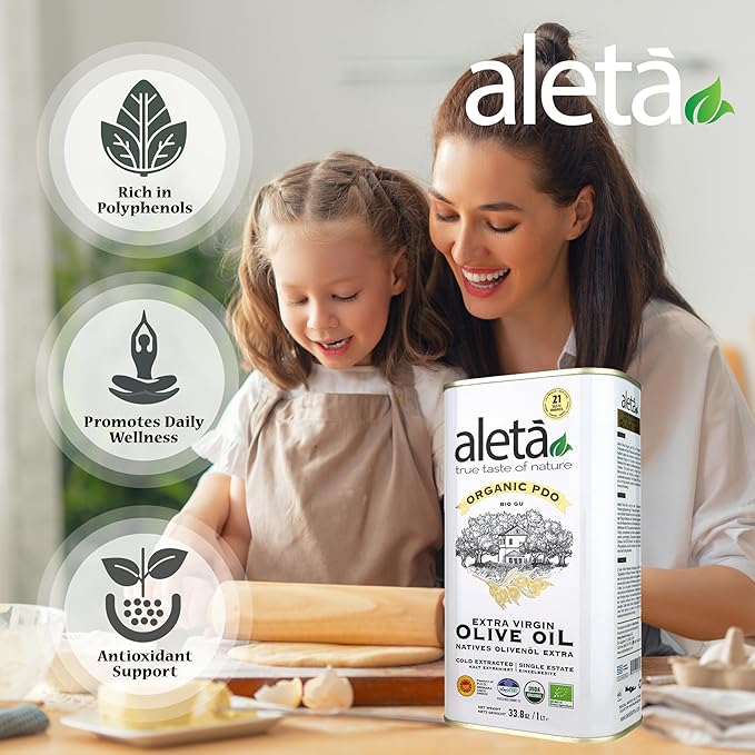 Aleta, USDA Organic Greek Extra Virgin Olive Oil, EU Certified Single Estate PDO Greece, 1 Lt (33.8 oz.) Tin, Kosher EK, Pack of 1
