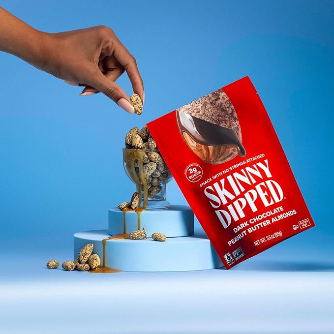 SkinnyDipped Dark Chocolate Peanut Butter Almonds, Healthy Snack, Plant Protein, Gluten Free, 3.5 oz Resealable Bags, (Pack of 5)