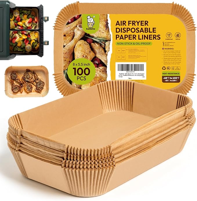 Katbite Air Fryer Liners Disposable - 100PCS, 8x5.5'' Rectangle Liners for Air Fryer Basket, Thick Air Fryer Parchment Paper Liners for Ninja Dual Airfryer Accessories, DZ201, DZ401, FG551