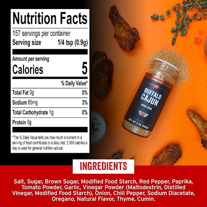 PS Seasoning Buffalo Cajun Wing Rub - Spicy Buffalo Chicken Spice with Red Pepper, Vinegar, Butter - Chicken Wing Cajun Seasoning Dust & Dry Rub for Turkey, Shrimp, Fries, Popcorn, 5oz