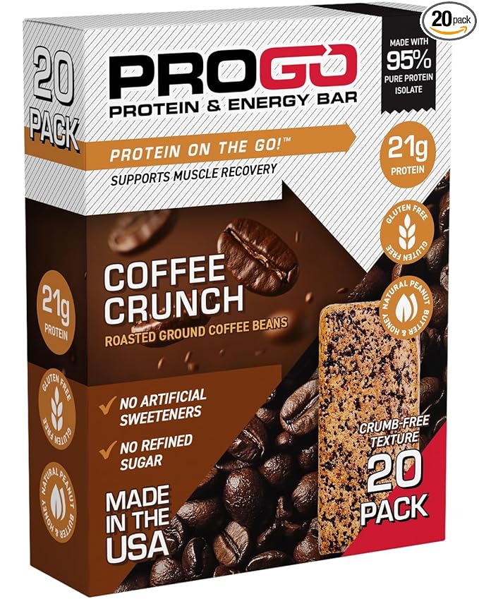 ProGo Protein Bars, Low Sugar, High Protein Snacks (21g) - 95% Pure Isolate for Faster Muscle Growth & Recovery, Low Calorie, Sweetened w/Peanut Butter & Honey (20-Count, Coffee Crunch)