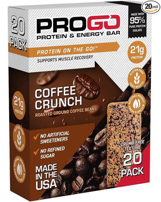 ProGo Protein Bars, Low Sugar, High Protein Snacks (21g) - 95% Pure Isolate for Faster Muscle Growth & Recovery, Low Calorie, Sweetened w/Peanut Butter & Honey (20-Count, Coffee Crunch)