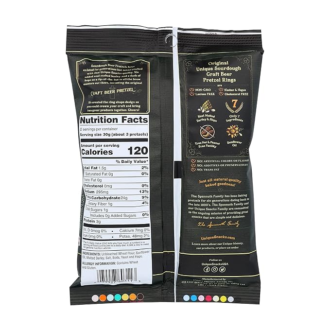 Unique Snacks Sourdough Craft Beer Pretzel Rings, Delicious Homestyle Baked Snack Bag, Vegan, OU Kosher, and Non-GMO Food, No Artificial Flavor, 2.12 Oz. Bag, Pack of 24