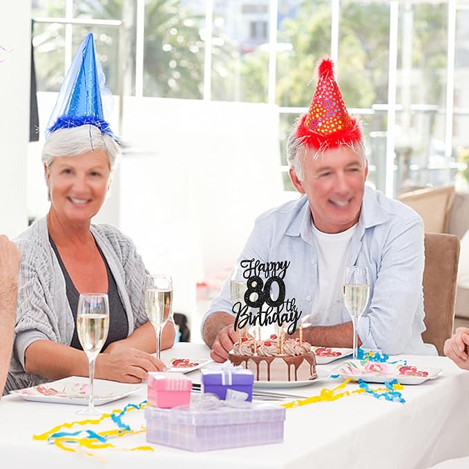 1 PCS Happy 80th Birthday Cake Topper Glitter Cheers to 80 Years Birthday Cake Pick Eighty Hello 80 Fabulous Cake Decoration for Happy 80th Birthday Anniversary Party Decorations Supplies Black