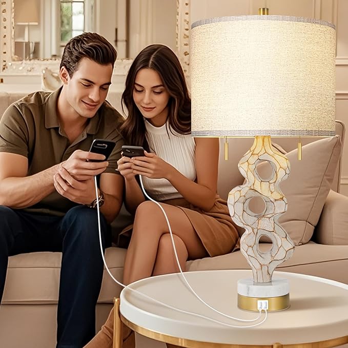 Scenekoy Sculptural Table Lamp Set of 2 for Bedroom, 26” Farmhouse Bedside Lamps for Living Room, Rustic Linen Shade Night Stand Lamp Marble Base with USB Ports for Home Decor (E26 Bulbs Included)