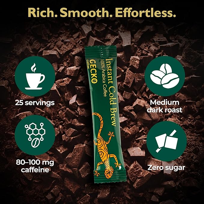 Gecko Coffee Instant Cold Brew, Craft Instant Coffee Sticks, 100% Arabica Medium-Dark Roast, Coffee Singles Packets, Smooth & Rich, Hot or Iced, Sugar-Free, Eco-Friendly, 25 Count