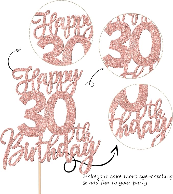 1 PCS Happy 30th Birthday Cake Topper Glitter Cheers to 30 Years Birthday Cake Pick Thirty Hello 30 Fabulous Cake Decorations for Happy 30th Birthday Anniversary Party Supplies Rose Gold