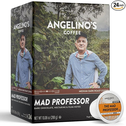 Angelino's Coffee Mad Professor Coffee Pods - Major Colombian Blend, Medium to Dark Roast coffee K Cups compatible, Reserve, Place of Origin: Colombia, Dark Chocolate, Nectarine & Plum Notes, 24 Count - Premium Coffee for Keurig Machines