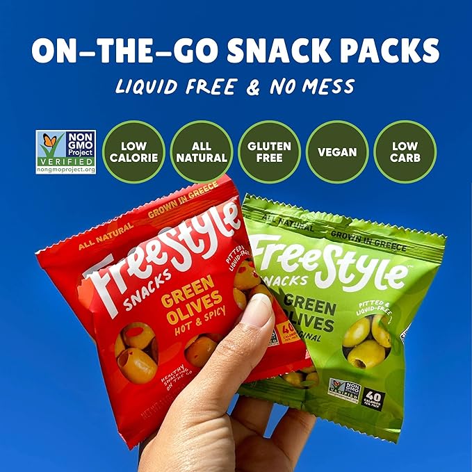Freestyle Snacks Olive Snack Packs - Single Serve - Fresh Pitted Green Olives, Jumbo-Sized, Grown in Greece, All Natural, Non-GMO, Paleo, Sugar-Free, Keto, Salty Snack - Original, 1.1oz (24 Pack)