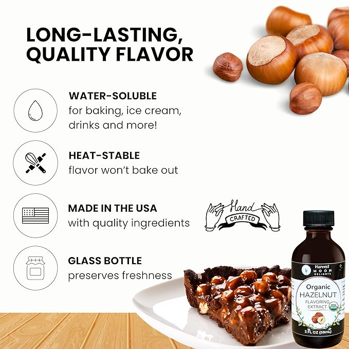 Organic Hazelnut Flavoring Extract for Baking, Ice Cream, Drinks, and Candy - 2 oz - Water-Soluble - By Harvest Moon Delights - Pure Hazelnut Extract, Flavoring, Flavor