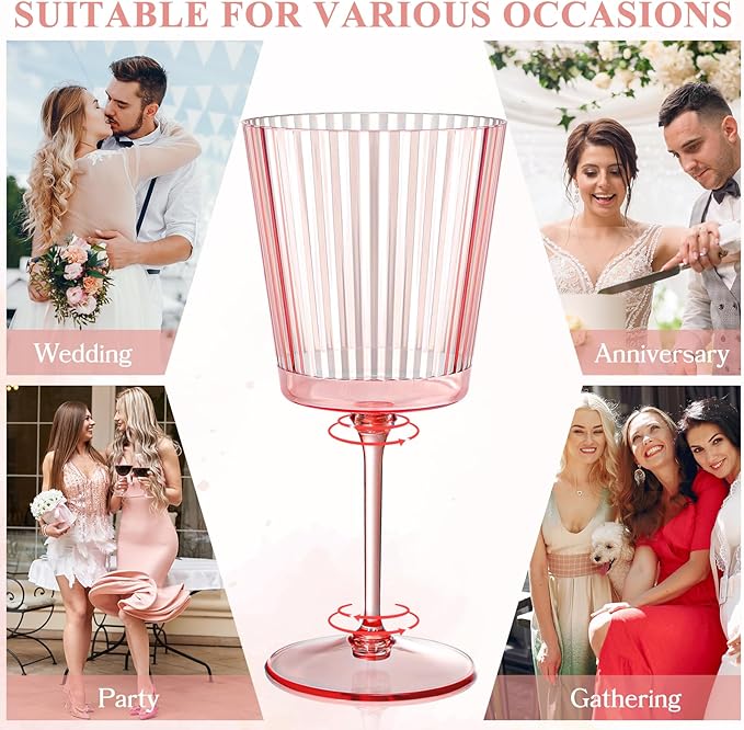 48 PCS Pink Plastic Wine Glasses with Removable Stems 13.5 Oz Pink Ribbed Wine Glasses Square White Wine Glass Muted Pastel Colors Goblets Elegant Fluted Glassware for Wedding Anniversary Birthday