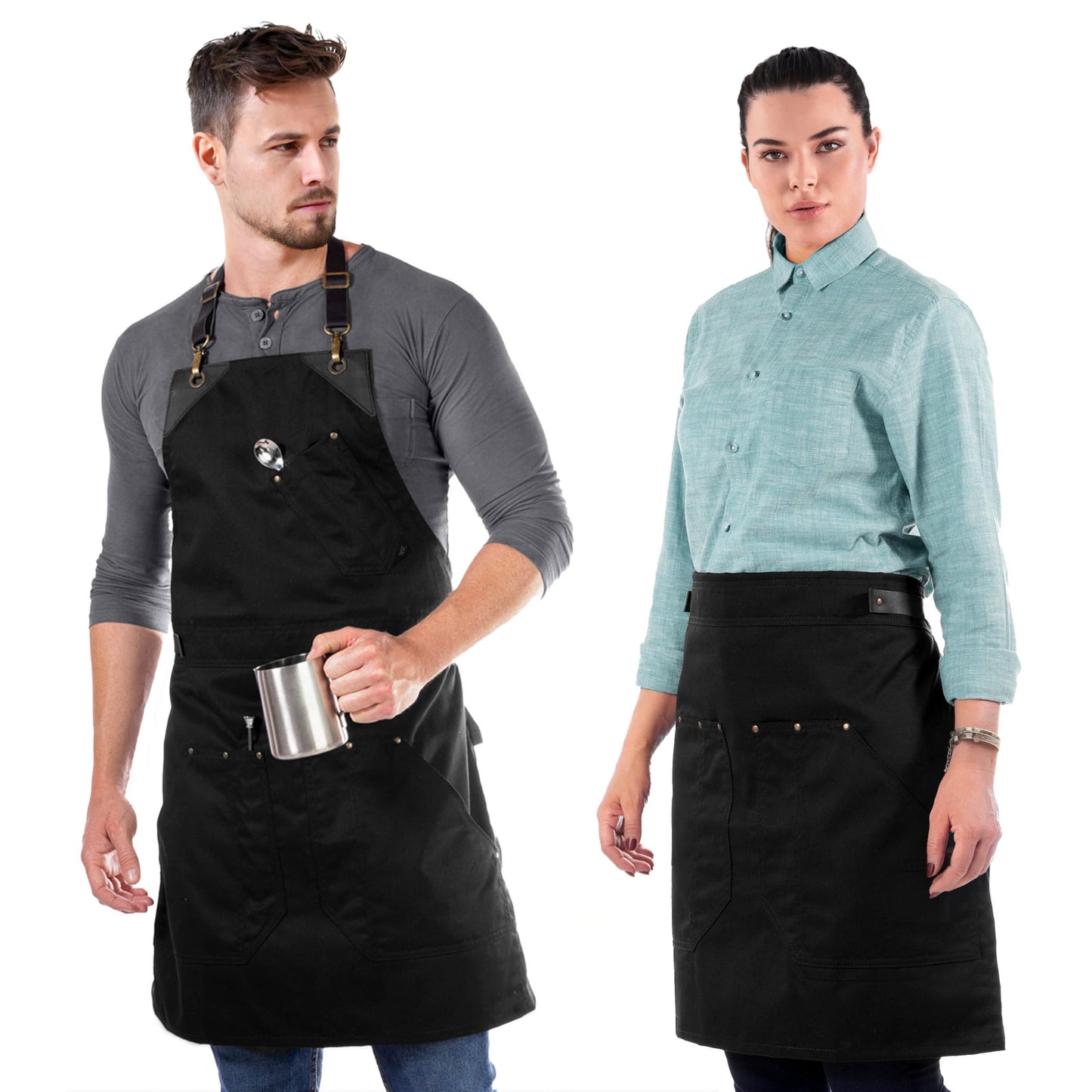 Under NY Sky Barista Apron, Detachable Leather Straps, Riveted - Black