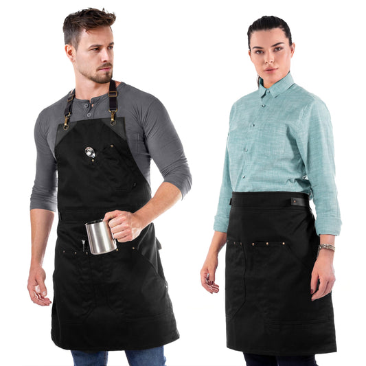 Under NY Sky Barista Apron, Detachable Leather Straps, Riveted - Black