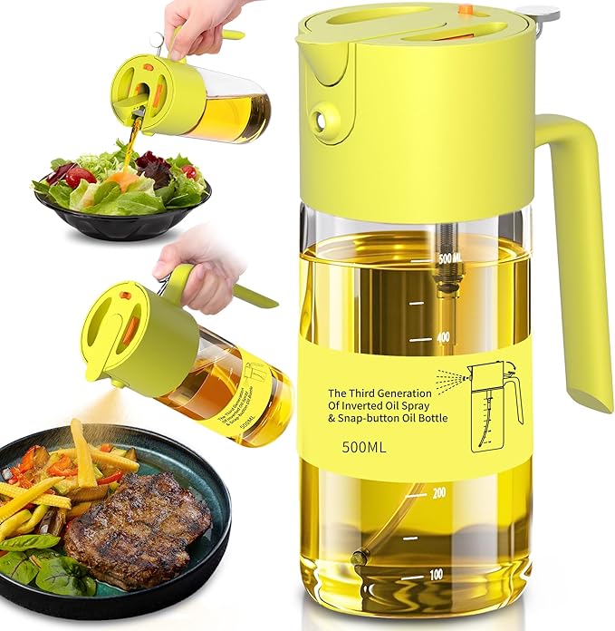 Oil Sprayer for Cooking, 2025 Large Advanced Olive Oil Dispenser Bottle,500ml/17oz Glass Olive Oil Sprayer,2 in 1 Even Spray with Portion Control for Kitchen, Air Fryer, Salad, BBQ - Yellow