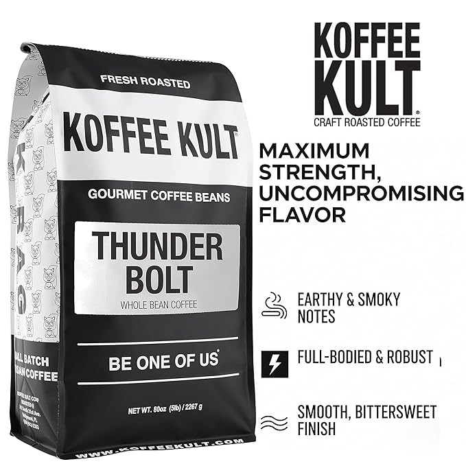 Koffee Kult Thunder Bolt Dark French Roast Whole Bean Coffee - Small Batch 100% Arabica Gourmet Blend, Bold and Well Balanced, 80oz Resealable Package