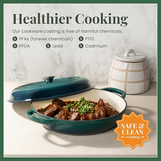 Larder & Vine Enameled Cast Iron Braiser | 3.6 qt Braiser Pan with Lid | Shallow Dutch Oven Compatible on All Cooktops | Casserole Dish Oven Safe to 500ì§?F | Dual Handles | Bondi